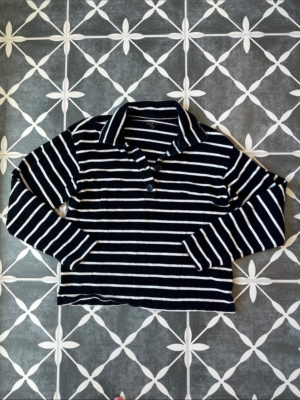 LOFT Black and White Striped Long-Sleeve Polo